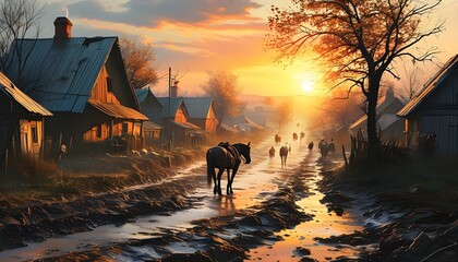 Sunset over a tranquil rustic village with figures and horses navigating the muddy streets