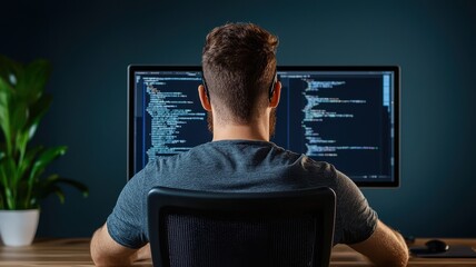 programmer coding on dual monitors in a modern workspace, focused on technology and software develop