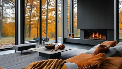 Chic modern living room featuring a grand fireplace and expansive windows highlighting a stunning autumn scenery