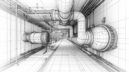 3D illustration blueprint of an architectural ventilation system design, Ai