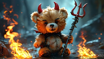 Playful teddy bear with devilish horns and a mischievous grin, brandishing a tiny trident amid lively flames