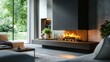 © sujitea - A contemporary fireplace insert with glowing logs and crackling flame effects in an elegant living room.
