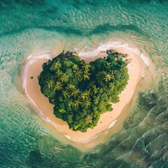 Tropical island in a heart shape viewed from above