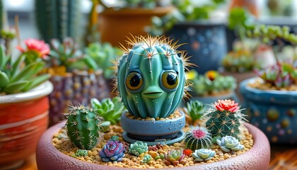 Playful alien-inspired cactus in a miniature UFO pot, accompanied by galaxy-themed succulents, ideal for adding charm to a desk space