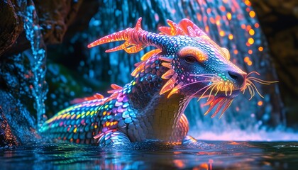 Wall Mural - Kirin with Holographic Scales Playfully Splashing in Crystal Clear Water Beneath a Neon-Lit Waterfall