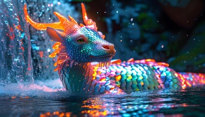 Wall Mural - Kirin with Holographic Scales Playfully Splashing in Crystal Clear Water Beneath a Neon-Lit Waterfall