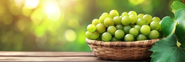 Poster - A basket of fresh, green grapes sits on a wooden table in a natural setting. The sun shines through the leaves in the background, creating a warm and inviting atmosphere. The image symbolizes freshnes