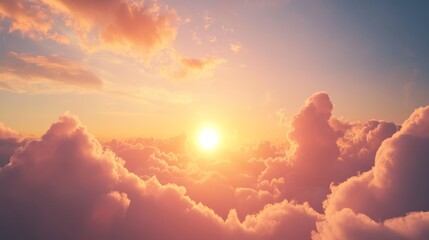 Canvas Print - A breathtaking view of a serene morning sky, adorned with soft, fluffy clouds illuminated by the warm glow of the rising sun. The scene evokes feelings of tranquility, hope, and new beginnings. The so