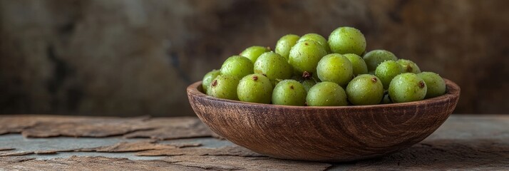 Poster - A close-up of a bowl filled with fresh Indian gooseberries, also known as amla, on a rustic wooden background. The vibrant green fruit symbolizes health, vitality, and nature's bounty. The wooden bowl