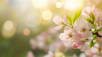 Canvas Print - A delicate image of pink spring blossoms on a branch, with a soft, blurred background of green and yellow. The image evokes feelings of new beginnings, growth, and hope. This image is ideal for use in