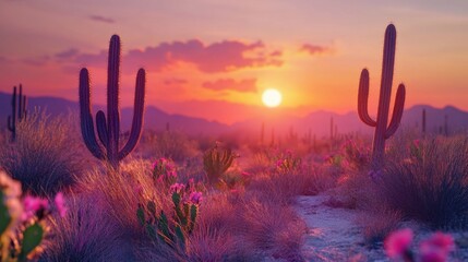 Poster - Desert sunset with rocky mountains