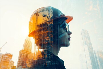 Canvas Print - A woman in a hard hat and safety glasses stands against a backdrop of a futuristic city skyline, her silhouette blended with the structure of a skyscraper, symbolizing progress, innovation, and the bo