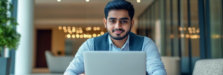 Wall Mural - A young Indian businessman, dressed professionally, is working on his laptop in a modern office setting. He is focused and confident, radiating success and professionalism. The image symbolizes ambiti