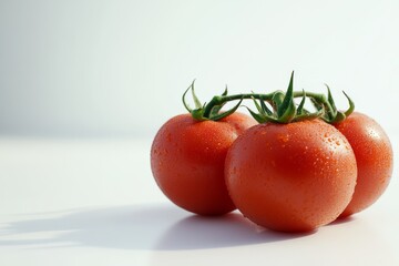 Poster - Three plump, red tomatoes, still attached to a vine, sit on a crisp white background, showcasing their vibrant color and juicy texture.  The tomatoes represent freshness, health, and the bounty of nat