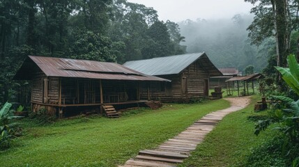 Two rustic wooden lodges are set within a vibrant rainforest, with a winding path leading through lush greenery under a misty morning sky, creating a serene atmosphere perfect for nature lovers