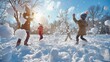 © Daria Lukoiko - Four children joyfully playing snowball fight in a snowy park, kids laughing and throwing snowballs, faces beaming with joy under the sunny sky. A group of energetic kids enjoying winter