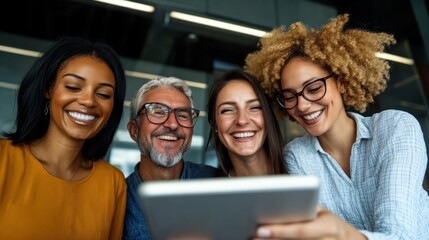 A diverse group of friends is sharing laughter and enjoying each otherвЂ™s company while looking at a tablet together. The warm atmosphere reflects a joyful interaction in a contemporary workspace