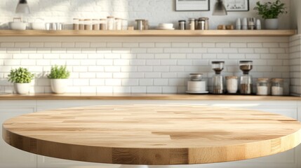 A modern kitchen with a clean and bright background, featuring a round wooden tabletop counter adorned with fresh vegetables. Perfect for product displays and banners