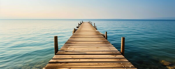 Poster - Wooden Dock Extending into Tranquil Blue Water