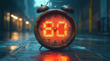 A vintage alarm clock with a red digital display showing 31, set on a wet city street at night.