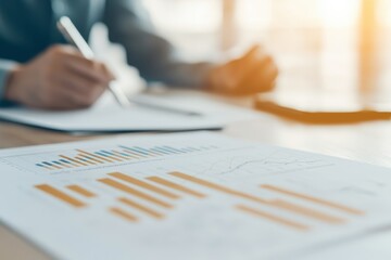 Wall Mural - a person analyzes charts and graphs while taking notes, surrounded by business materials in a bright