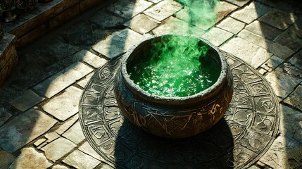 A cauldron filled with bubbling green liquid and steam sits on a stone floor with an intricate design.