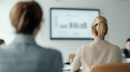 Wall Mural - a group of professionals engaged in a meeting, focusing on a presentation displayed on a screen, hig