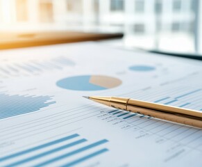 Wall Mural - a close-up view of a document with charts and graphs, accompanied by a gold pen, showcasing financia