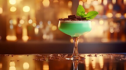 Green Mint Cocktail with Chocolate Garnish on Bar Counter.