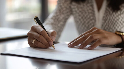 Working with documents or signing them. Woman signs an agreement, contract or document with black pen