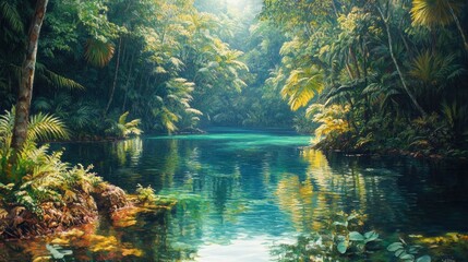 A serene view of a hidden, pristine lagoon with calm, crystal-clear waters and surrounded by dense tropical rainforest. The vibrant colors of the foliage and the reflections in the water create an