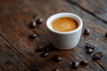 Wall Mural - A Cup of Espresso with Coffee Beans on a Wooden Surface