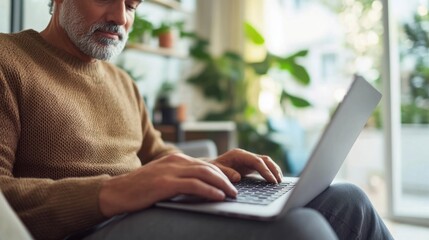 Close-up of a grey-haired man typing on a laptop while sitting in a bright, modern living room.