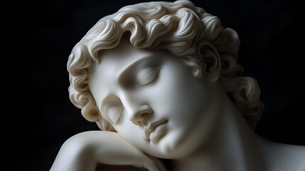 A serene marble sculpture of a young figure, with delicate hair and a peaceful expression, conveying tranquility and artistry against a dark background.