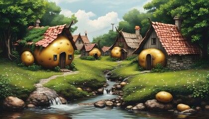 Wall Mural - Surreal Village of Potatoes with a Flowing Stream and Charming Tiny Houses