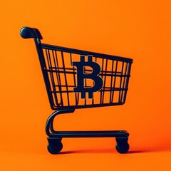 A black shopping cart with a Bitcoin symbol on an orange background, representing the intersection of e-commerce and cryptocurrency.