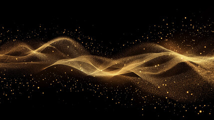 abstract modern luxury golden wave lines gold particles with lighting effect on black background