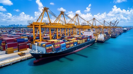 Vibrant Container Port with Cargo Ships and Cranes