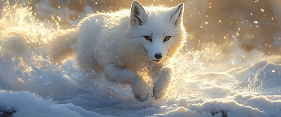 Wall Mural - A white fox runs through the snow, bathed in golden sunlight.