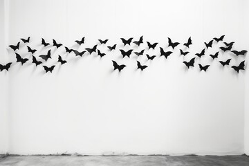 Halloween concept. Flying black paper bats on white wall. 3D