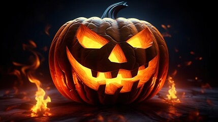 Halloween pumpkin with burning eyes on dark background, 3d