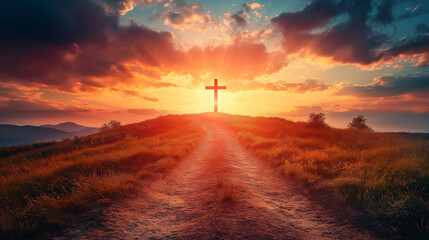 Beautiful landscape with road leads up to cross. Religion concept. Christianity background