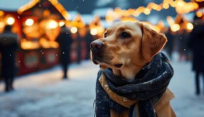 Labrador in a scarf gazes at a vibrant Christmas market, immersed in a frosty winter charm and festive atmosphere, capturing the joy of the season through a pets eyes