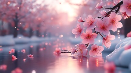 Wall Mural - pink cherry blossoms bloom on a branch over a calm river with snow on the banks in a tranquil settin