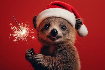 Small brown bear is holding a sparkler in its mouth and wearing a red hat. Cute happy animal in a Santa hat holding a sparkler in his paw on a plain red background with copy space