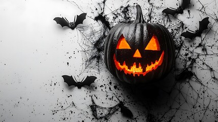 A spooky Halloween pumpkin sits amid bats and spiderwebs, creating a festive, eerie atmosphere.