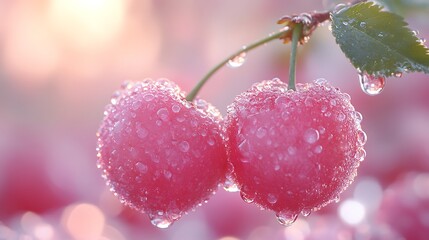 Wall Mural - Two ripe cherries on a branch with water droplets, close-up.