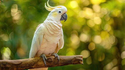 A white cockatoo with a crest perched on a tree branch with a blurred background