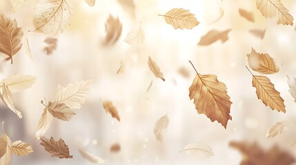 Wall Mural - A flurry of dry, light brown leaves dance in the air, against a soft, blurred backdrop.