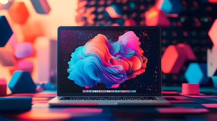 Laptop Screen Displaying Creative Digital Design with Colorful Abstract Shapes